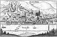 1693 detonation of Heidelberg castle in a contemporary print Kurtze Beschreibung Der uralten, Chur-Pfaltzischen Residentz-Stadt Heydelberg (cropped).jpg