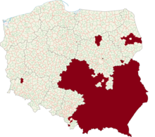 Carte couleur de la Pologne, dans laquelle des zones sont colorées en rouge, notamment la partie sud-est du pays.
