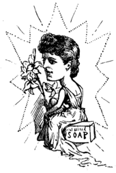 Caricature of Lillie Langtry, from Punch, Christmas 1890: The soap box on which she sits reflects her endorsements of cosmetics and soaps. Langtry cartoon.png