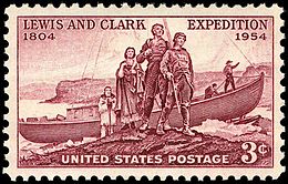 Lewis and Clark and their Native American interpreter, Sacagawea Lewis and Clark 1954 Issue-3c.jpg