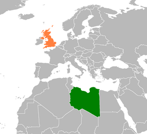 Mapa indicando localização da Líbia e do Reino Unido.