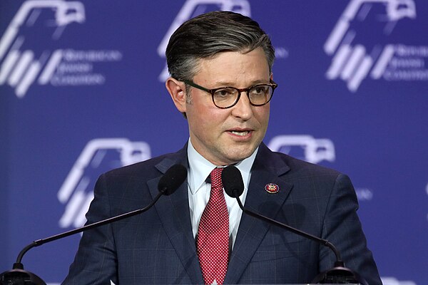 Speaker of the House Mike Johnson speaking with attendees at the Republican Jewish Coalition's 2023 Annual Leadership Summit at the Venetian Convention & Expo Center in Las Vegas, Nevada.