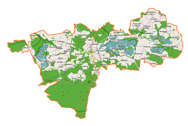 Mapa konturowa gminy Milicz, w centrum znajduje się punkt z opisem „Milicz”