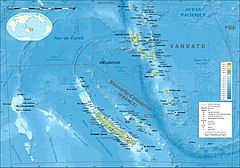 Mapa da Nova Caledônia com a ilha de Grande Terre, habitat do cagu (Rhynochetos jubatus).