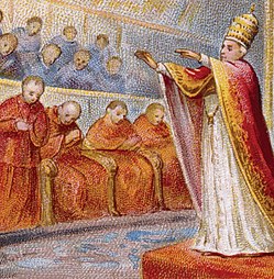 Pius IX opening the First Vatican Council. It is during this council that papal supremacy was proclaimed a dogma. Pope Pius IX at the First Vatican Council (cropped).jpg