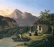 Gebirgssee mit Bauernfamilie, 1834, Öl auf Leinwand