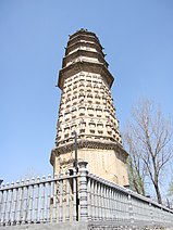 A wide, octagonal pagoda. It has four tall, functional floors made of brick, and an additional five, short, purely decorative floors made of wood. Each floor is separated by an eave, and the top five-floor's eaves look as if they were simply stacked right on top of one another.