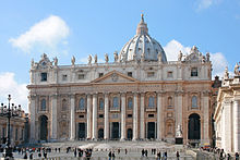 St. Peter's Basilica, the largest church of Christendom, in Vatican City, the Holy See's sovereign territory within Rome Rome San Pietro.jpg