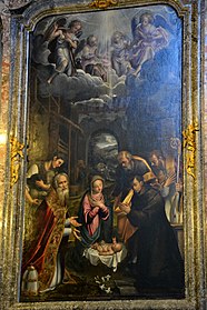 Simone Peterzano, Natività con Sant'Antonio, Giovanni XIV Canepanova e Ippolito de' Rossi.