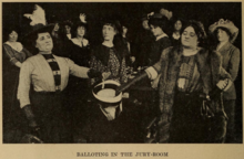 A photograph depicts the first woman jury in America casting their ballots into a hat