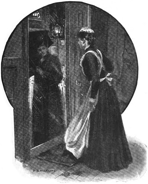 Illustration of a servant opening the door for a woman with an umbrella