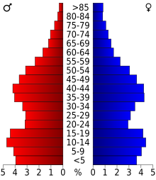 Schéma représentant la population du comté, par tranche d'âge. En rouge, à gauche, les femmes, en bleu à droite, les hommes.