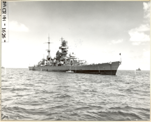 USS Prinz Eugen (IX 300) at sea during Operation "Crossroads". ¾ view STBD forward. - NARA - 80-G-627445.tif