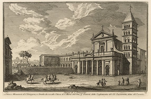 Gravyr av Giuseppe Vasi från år 1747 som visar basilikan San Crisogono till höger och Oratorio della Beata Vergine del Carmine längst till vänster.