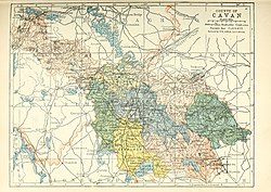 Barony map of County Cavan, 1900; Clanmahon is in the south, coloured yellow.