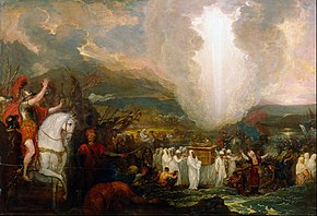 Joshua Passing the River Jordan with the Ark of the Covenant (1800) by Benjamin West, showing Yahweh leading the Israelites through the desert in the form of a pillar of cloud, as described in Exodus 13:21-22 Benjamin West - Joshua passing the River Jordan with the Ark of the Covenant - Google Art Project.jpg