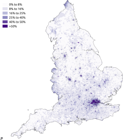 Map showing the percentage of the population born outside England according to the 2011 census. Born Outside England 2011 Census.png