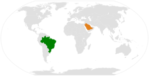 Mapa indicando localização do Brasil e da Arábia Saudita.