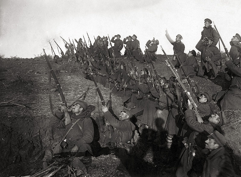  Bulgarian soldiers in position to fire against an incoming airplane, World War I. 