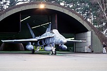A CF-18A of the squadron taxiing out of its shelter during the departure from Baden-Soellingen, 1993 CF-18A 439 sq (23780173449).jpg
