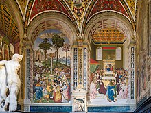 Frescos of Enea Silvio Piccolomini presenting Eleanora of Portugal to the emperor Frederick III and receiving the cardinal's hat in 1456 Cappella Piccolomini sposa Eleonora e cardinale Pinturicchio Siena.jpg