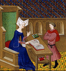 Christine de Pizan became a professional writer after the death of her husband in 1390. Christine de Pisan and her son.jpg