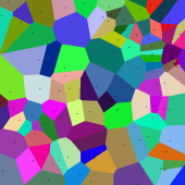 A Voronoi tiling, in which the cells are always convex polygons Coloured Voronoi 2D.svg