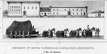 Funeral procession of Empress Maria Leopoldina of Brazil with a horse-drawn hearse in Rio de Janeiro, 1826. Convoi Funebres de l Imperatrice Leopoldine by Debret.jpg