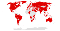 Mapa zobrazující infikované země (červená) a neinfikované země (šedá) virem WannaCry do dne 15. května 2017
