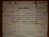 The message sent to ships of the Royal Navy informing them of the outbreak of war. Declaration of war naval message.jpg