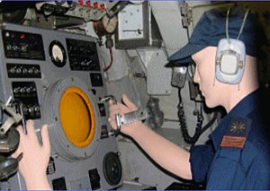 Consolle di presentazione e comandi sonar IP64 - vista all'interno del sottomarino