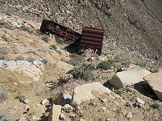 Fallen Southern Pacific Railroad cars in Carrizo Gorge, 2010. Fallen Railroad Cars.jpg