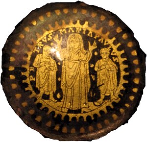 Gold glass from the catacombs, with Saint Peter, Virgin Mary in orant pose, Saint Paul, 4th century Gold glass Christian plate, 4th century.jpg