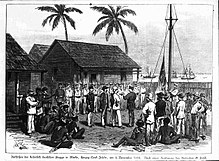 Hoisting of the German flag at Mioko, German New Guinea, in 1884 Hissen der kaiserlichen Flagge auf Mioko.jpg