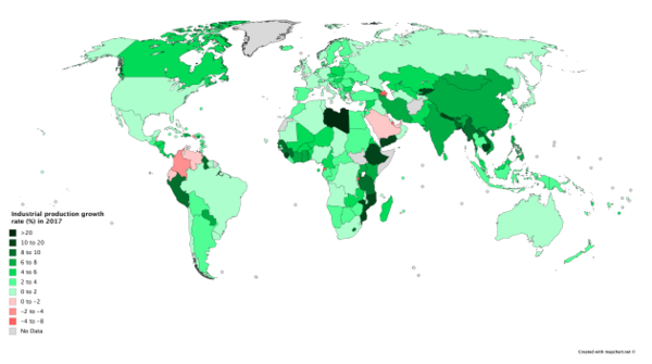 A colour-coded map showing countries or territories by industrial production growth rate in 2017 in percentages, based on data from The World Factbook. Countries or territories without data or with data from earlier than 2017 are shown in grey. Industrial production growth rate (%25) in 2017.png