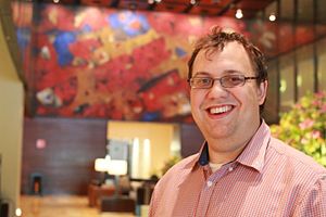 Photograph of James Alexander smiling during Wikimania 2015 in Mexico City