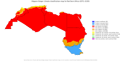 Köppen climate classification maps for the Middle East at present (top) and predicted for North Africa for 2071–2100 (bottom).