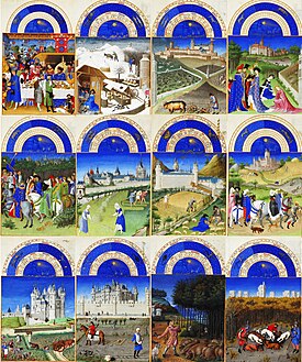 Très riches heures du duc de Berry, calendrier. Chantilly, Musée Condé (Ms. 65, fol. 1 à 12).