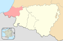 Carte des Pyrénées-Atlantiques, distinguant, en rose, l'ancienne province de Labourd