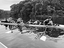 Langley High School Crew Senior four boat rowing during practice in the spring of 1968.