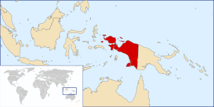 Map of Indonesian Papua, comprising the present provinces of Central Papua, Highland Papua, Papua, South Papua, and West Papua. LocationWestPapua.svg