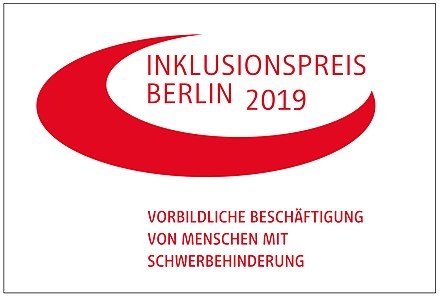 geschwungener roter Bogen mit dem Text Inklusionspreis Berlin 2019: Vorbildliche Beschäftigung von Menschen mit Schwerbehinderung