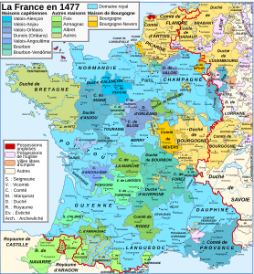 Carte de la France à la fin du XVe siècle, le Forez passe dans les possessions de la maison de Bourbon.