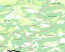 Carte élémentaire montrant les limites de la commune, les communes voisines, les zones de végétation et les routes