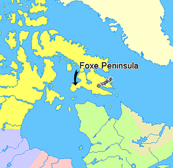 La duoninsulo Foxe sur mapo de la kanada nordoriento