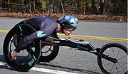 Marcel Hug, men's wheelchair winner, near the halfway point