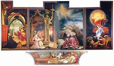 Retablo de Isenheim. Panel 2 Concierto de los ángeles a la Virgen María con el Niño Jesús. Matthias Grünewald (1512-1516)