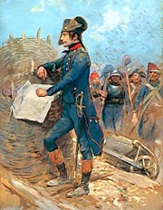 Celek důstojníka - Napoleona, který hledí mimo obraz, přičemž stojí na zabláceném dřevěném můstku a opírá se o velké koše na koše, nakterých si druhou rukou přidržuje rozloženou mapu. V pozadí pochoduje několik vojáků s lopatami.