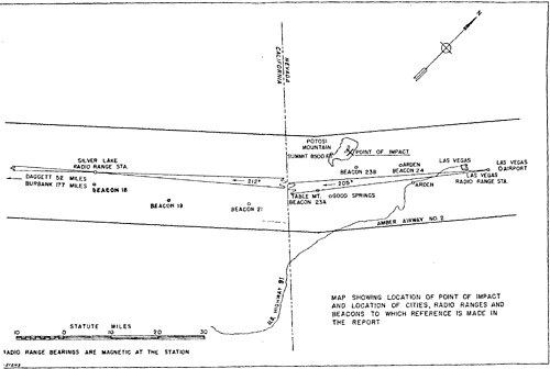 MAP SHOWING LOCATION OF POINT OF IMPACT AND LOCATION OF CITIES, RADIO RANGES AND BEACONS TO WHICH REFERENCE IS MADE IN THE REPORT