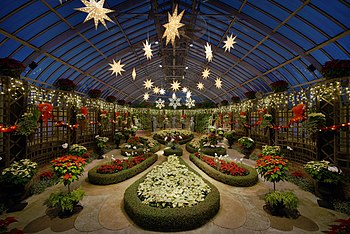 Skleník ve stylu broderiového parteru francouzských zahrad Ludvíka XIV., a vánoční výzdobou, v pittsburské botanické zahradě Phipps Conservatory and Botanical Gardens